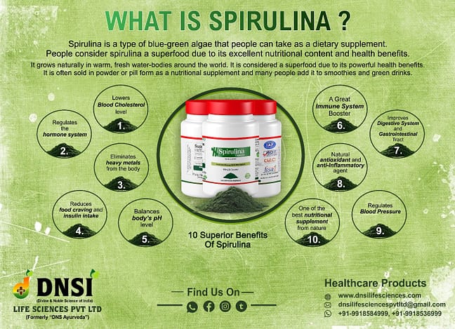 स्पिरुलिना के फायदे - Spirulina ke fayade - 1000 Kg सब्जियाँ - फल या 1 Kg Spirulina